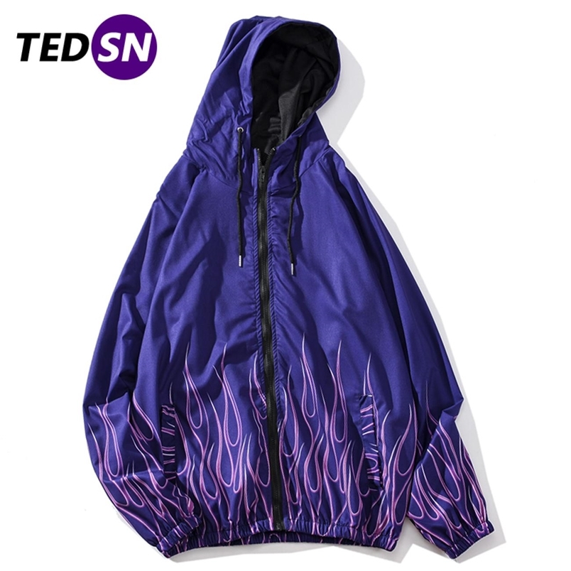 Hooded Jacket Coat Zipper Hoodies Windbreaker Coat Flame Print Harajuku Streetwear Oversized Men Coats Casual Outwear Autumn 210818