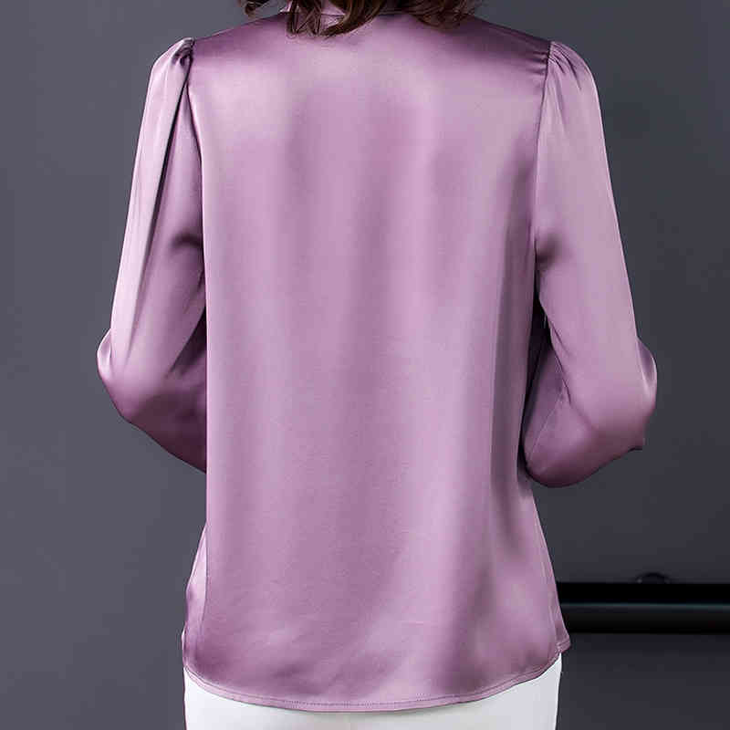Office Lady Long Sleeve Silk Shirts with Tie Satin Blouse for Women V Neck Plus Size Ladies Tops Clothing 12862 210415