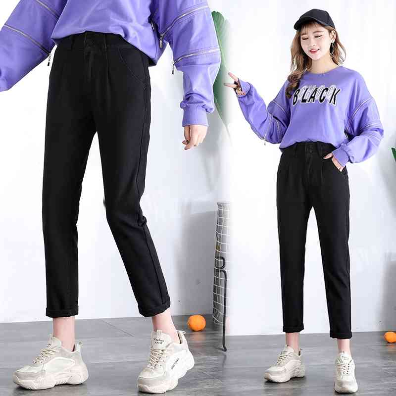 Spring Autumn Plus Size Casual Style High Waist Ankle-Length Loose Straight Jeans For Women Pants 210514