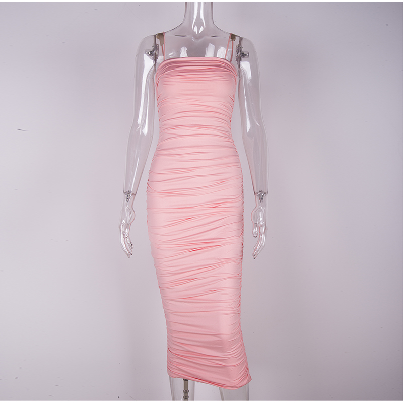 NewAsia Double Layers Sexy Summer Dress Pink Women Night Dresses Tight Long Party Bodycon Dress Ruched Midi Dress Vintage Robe 210409