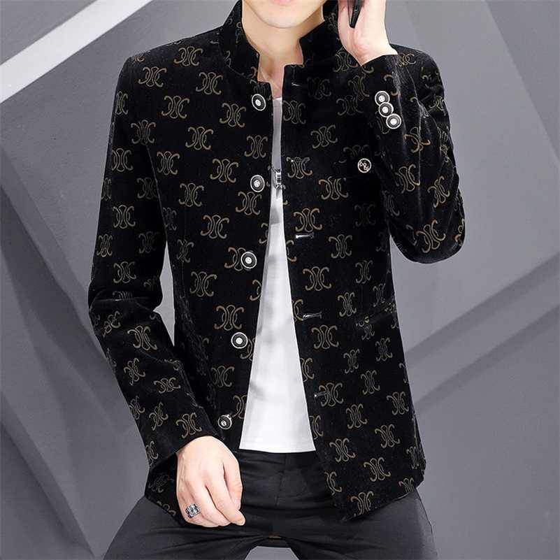 Corduroy Suit Mens Personality Korean Slim Fit Printed Casual Suit Stand Collar Mens Blazer Vintage Blazers Para Hombre 211120