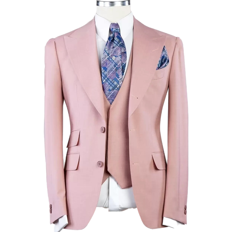 Two Buttons Rose Pink Men Wedding Suits Groom Tuxedos Peak Lapel Groomsmen 3 Pieces Formal Wear Set Slim Fit Mens Prom Party Blazer ( Jacket + Pants +