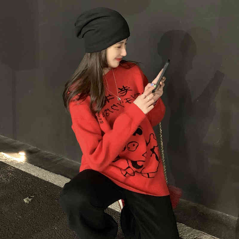 2colors autumn winter korean style loose Cartoon Funny Sweaters thick warm Knitted Sweaters and pullovers womens (C8206) 210423