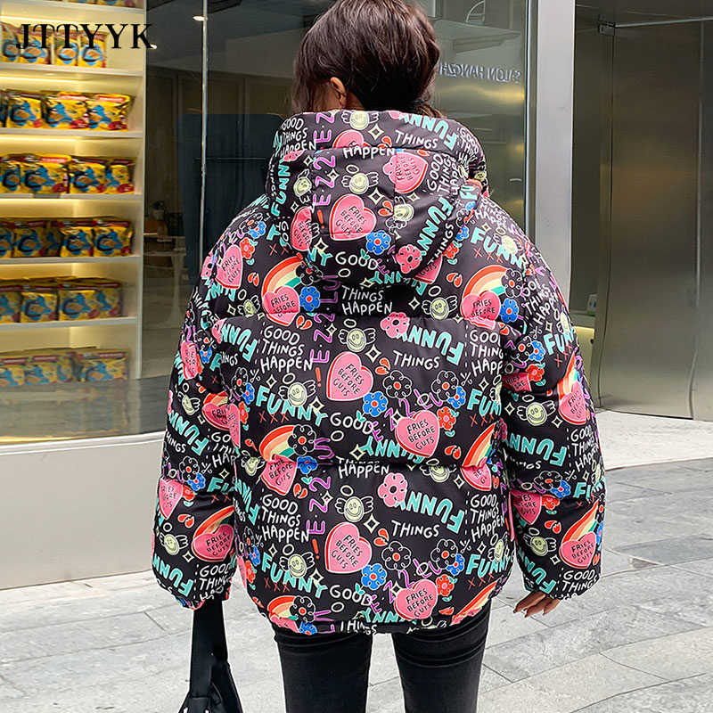 Oversize Clothes Winter Down Jacket Women Print Padded Coat Female Fashion Style zipper Short Outerwear Hooded Parka Mujer 210819