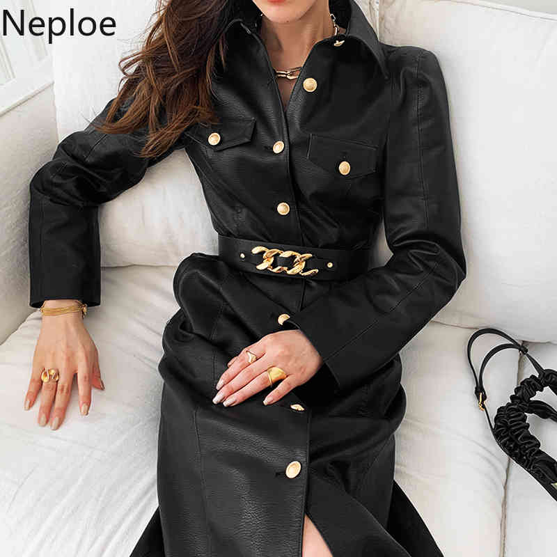 Neploe Korean Fashion Dress for Women Temperament Turn-down Collar Vestidos Single Breasted Belt PU Elegant Dresses Woman 4G320 210422