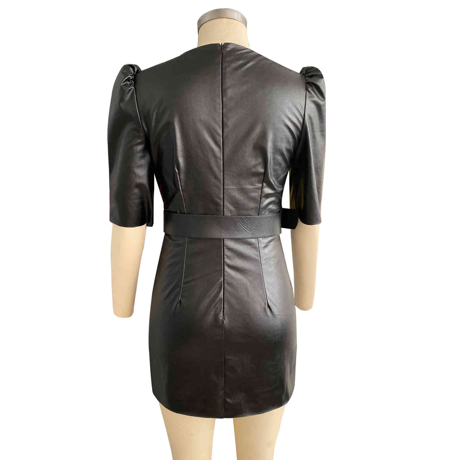 Black Faux Leather Dress for Women Sexy Short Sleeve Bodycon Party PU Vintage Sashes Zipper Mini female 210428