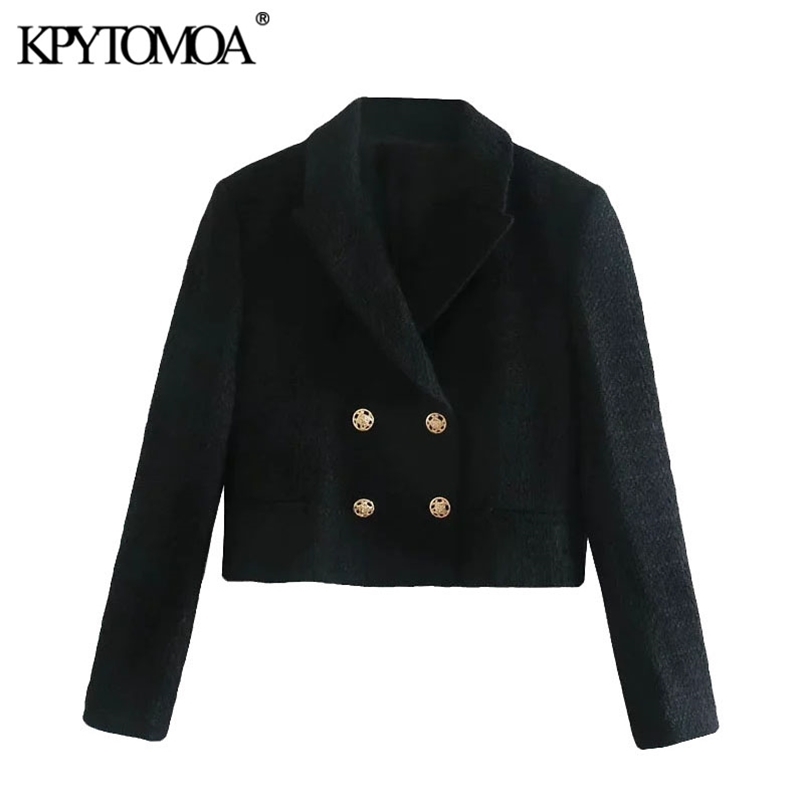 Women Fashion Double Breasted Tweed Cropped Blazer Coat Long Sleeve Pockets Female Outerwear Chic Tops 210420