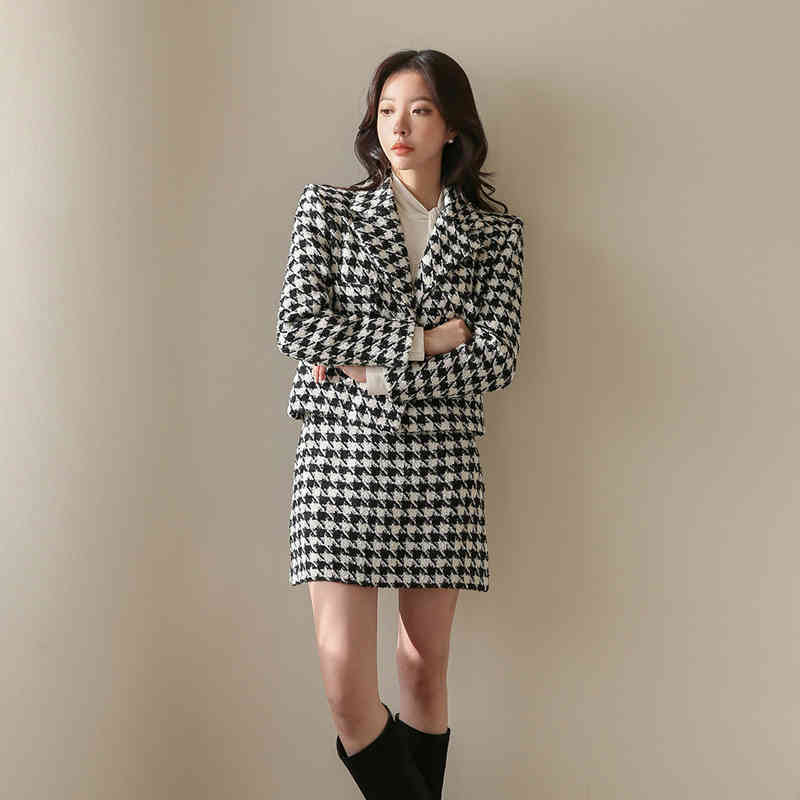 Autumn Winter Women Houndstooth Two Piece Set Ladies Long Sleeve Woolen Tweed Jacket Coat+ Short Pencil Office Skirt Suits 210520