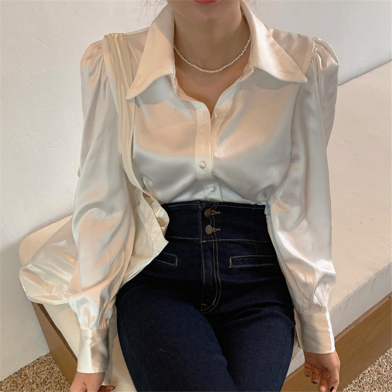 Beige Satin Puff Sleeves Chic Solid Office Lady Women Blouses OL Elegant Shirt Loose Tops Female 210421