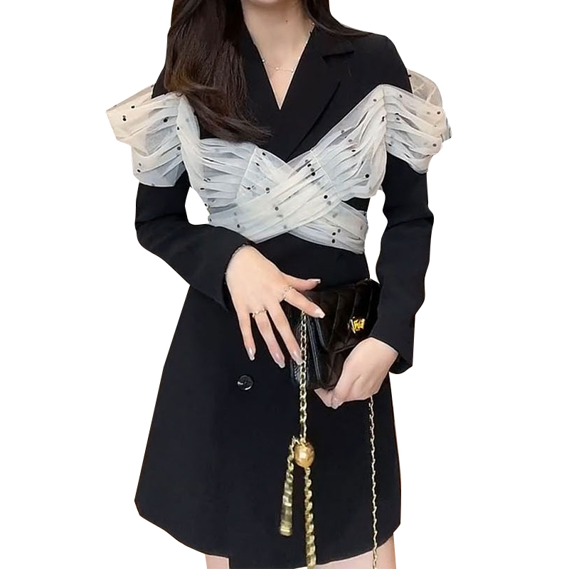 VGH Temperament Patchwork Lace Dress For Women Notched Long Sleeve High Waist Hollow Out Korean Dresses Female Fashion New Tide 210421