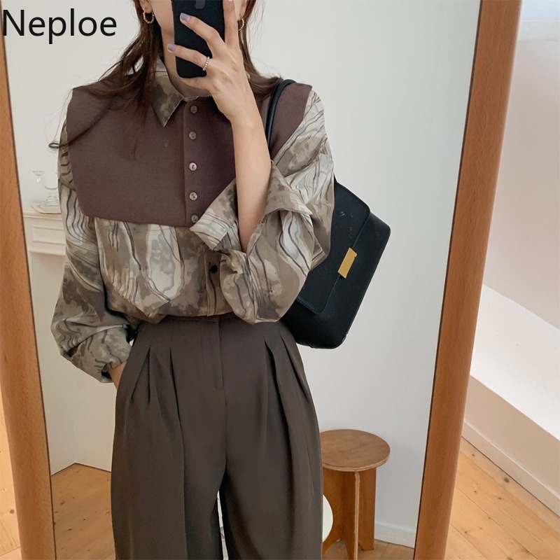 Neploe Temperament Blouses Women Chic Shawl Vintage Print Shirts Fall Clthes Loose Turn-down Collar Long Sleeve Blouse Tops 210422