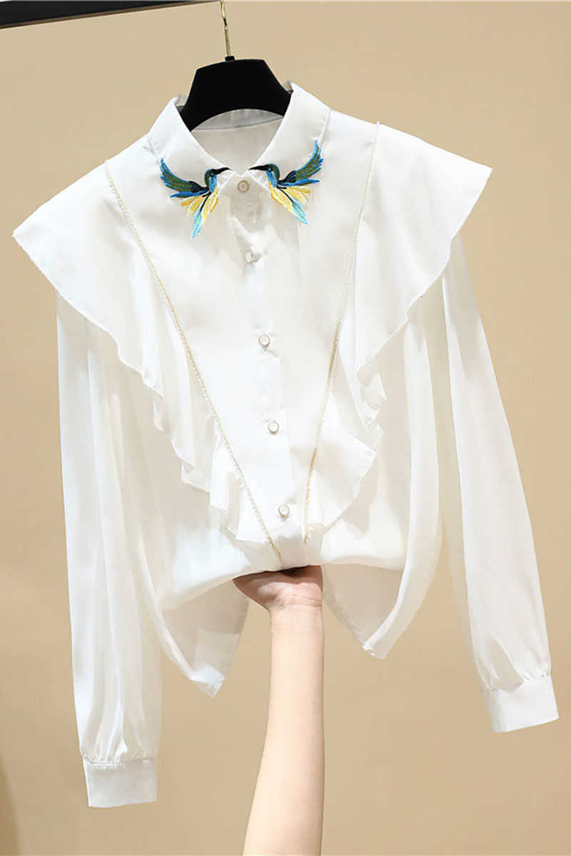 Embroidered Ruffle Full Loose Turn Down Collar White Shirt for Women 210615