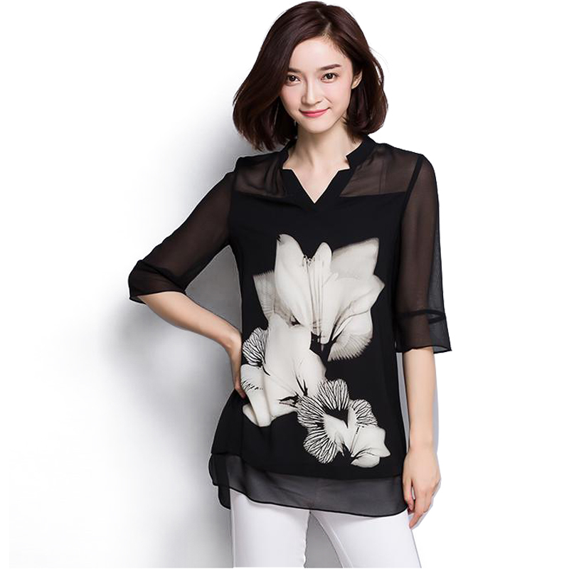 Women Chiffon Blouse Summer Tops Fashion Plus Size Black Shirt Long Sleeve 's Clothing Blusas 60C 25 210508