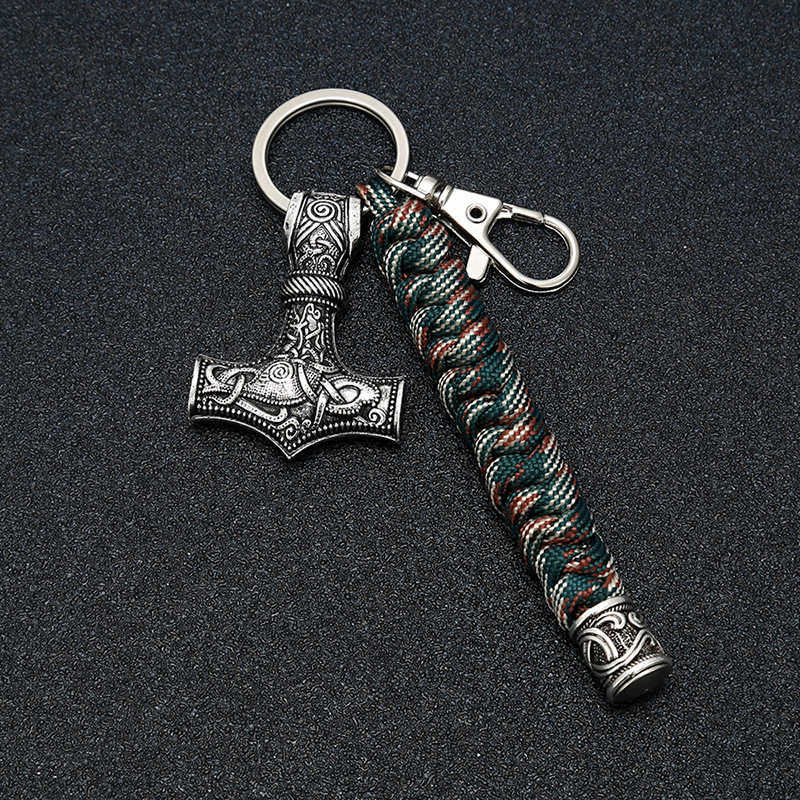 Vintage Handmade Keychain Viking Rune Hammer Car KeyRing Mjolnir Outdoor Mountaineering Survival Braided Rope Men Norse Jewelry G1019