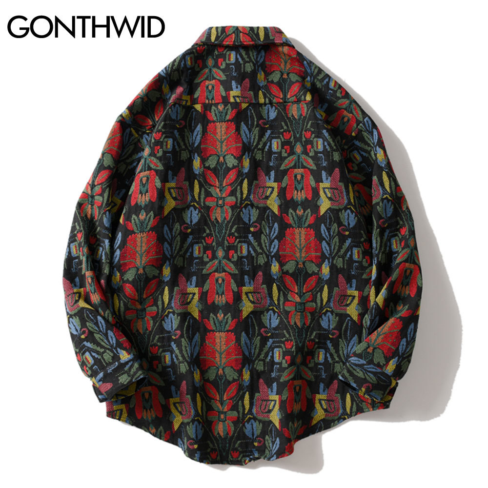 GONTHWID Southwestern Aztec Tribal Indian Button Shirts Streetwear Hip Hop Casual Flowers Patterned Long Sleeve Shirt Coats Tops 210410