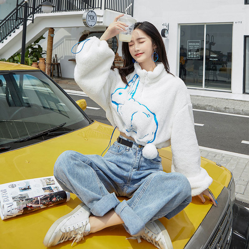 Cropped Sweatshirt Women White Rabbit Animal Print Fur Hoodie Loose Zipper Neck Fuzzy Winter Crop Top 210427