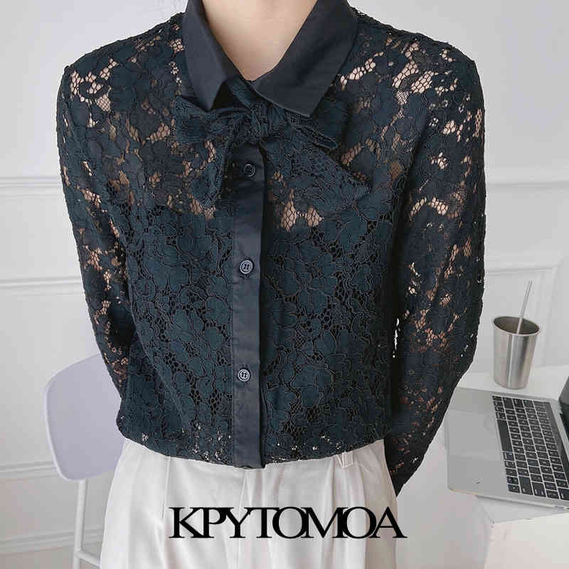 Women Fashion With Bow Tied Semi-Sheer Lace Blouse Long Sleeve Button-up Female Shirts Blusas Chic Tops 210420