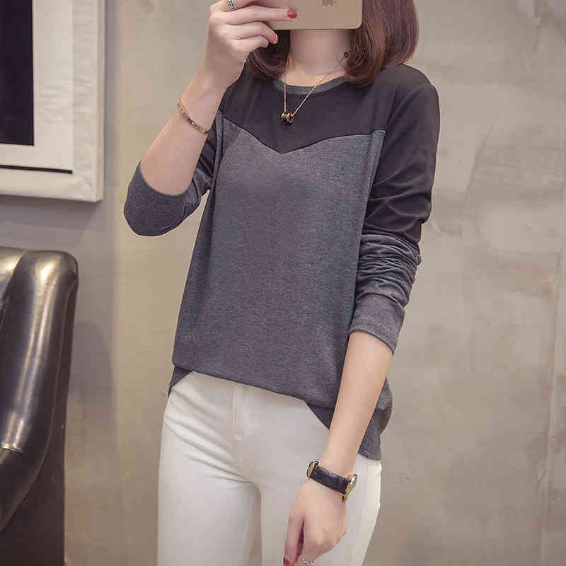 Plus Size Patchwork T-shirts Women Spring Autumn Casual Loose Long Sleeve Tops Tees Korean Style Oversize Ladies Tshirt 210406