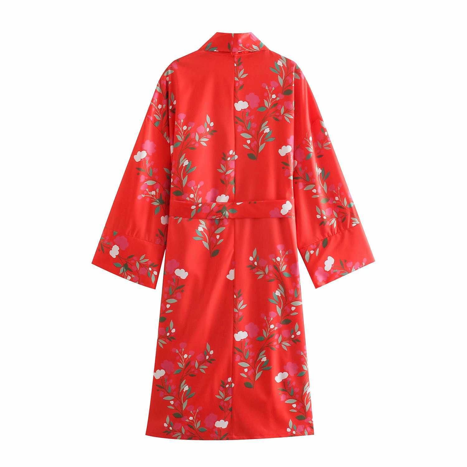 Summer Floral Printed Dress Women Belted Long Sleeves Vintage Casual Fashion Chic Lady Kimono Maxi dress Women 210709