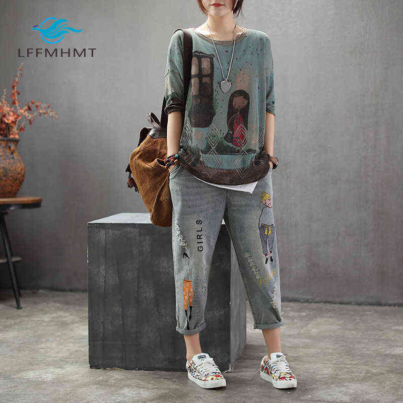 6859 Fashion Korea Style Vintage Hole Girl Embroidery Ankle-length Denim Jeans Female Casual Loose Harem Pant Trousers Cloth 211129