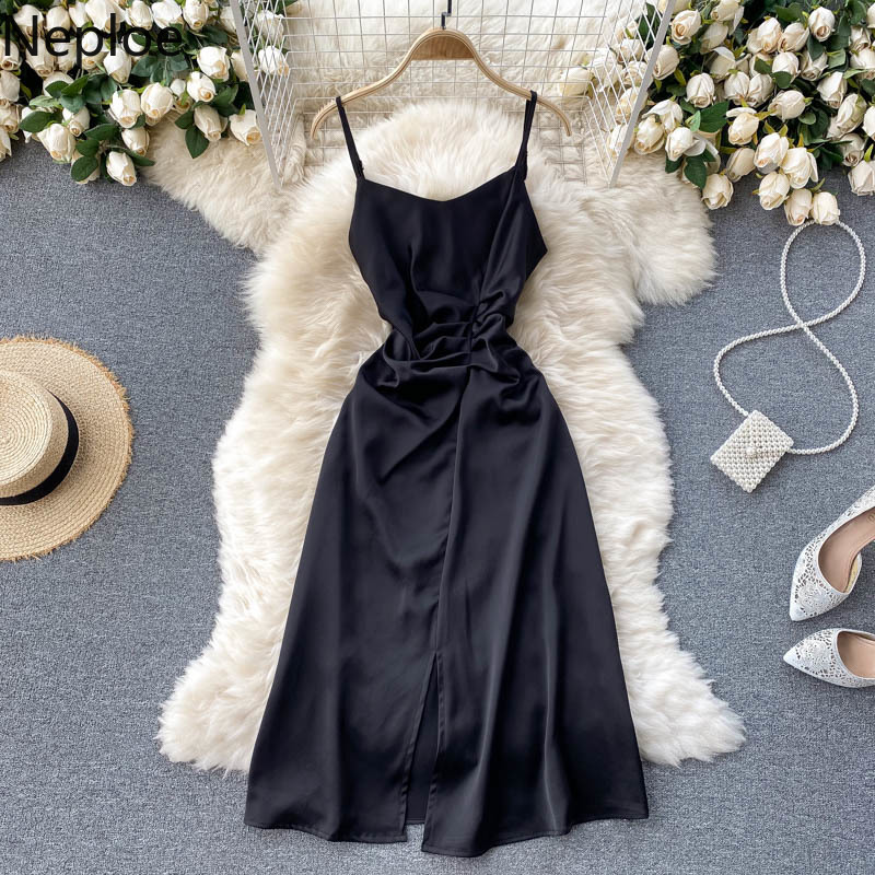 Neploe Ladies Dress Summer Temperament Fold Slim Suspender Dresses Solid Color Slim Fit High Waist Robe Fashion Split Vestidos 210422