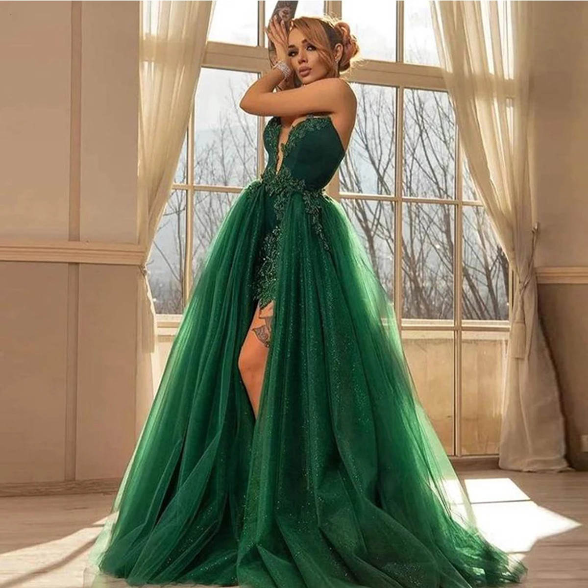 Green Fluffy Prom Dresses Custom Made Classic Sequins Off Shoulder Party Gown Detachable Train Mermaid High Slit Dress