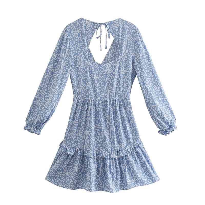 Retro Blue White Leopard Print Women Dress Elegant Deep V neck Spliced Wood ears Ruffles Long sleeve Mini Dresses Holiday 210429