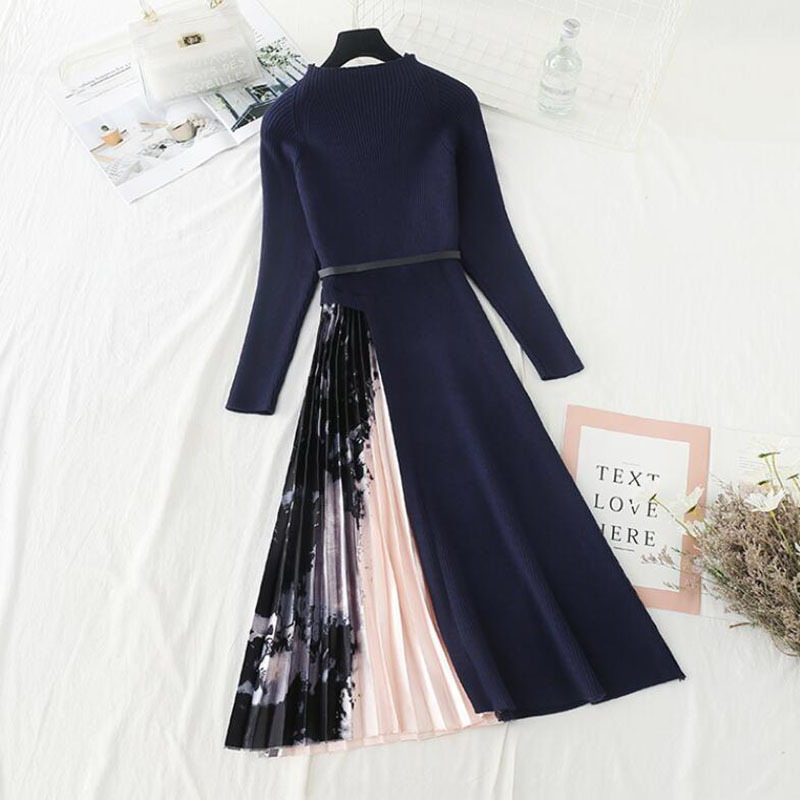 Autumn Winter Knitted Dress Women O-Neck Pleated Long sleeve Sweater Dress Elegant Knit Patchwork Midi Dress With Belt 210521