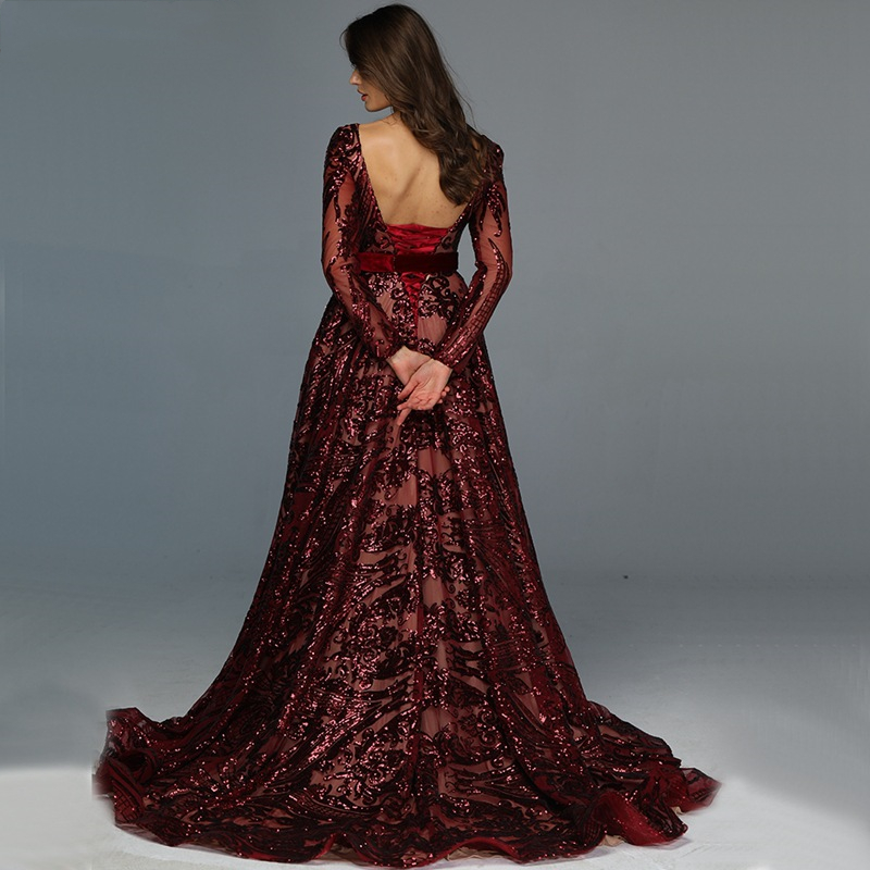 Bury Glitter Sequined Evening Dresses A Line Arabic Dubai Moroccan Kaftan Women Formal Party Gowns Long Sleeves Prom Dress Special Ocn