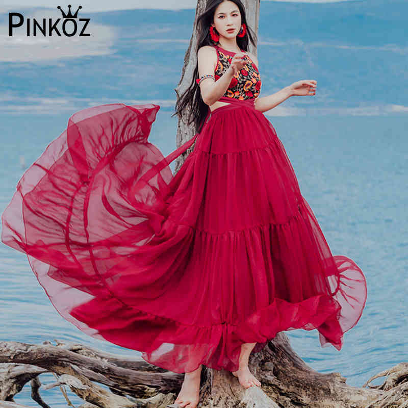 Bohemia Halter-neck Vest Boho Pleated Red Chiffon Beach Long Dress Women Floral Embroidery Elegant Ruffle Sexy Maxi 210421