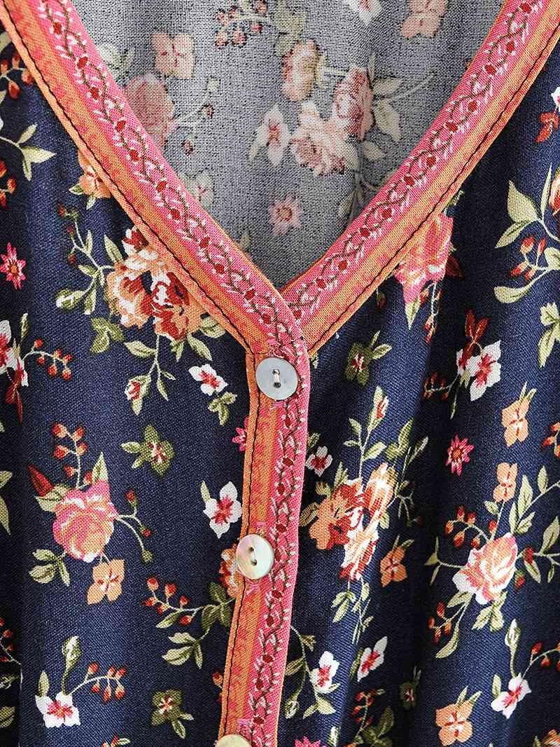 Bohemian Buttons Collar Floral Print Long Sleeve Short Dress Hippie Woman Adjustable Lacing up Waist Holiday Dresses BOHO 210429