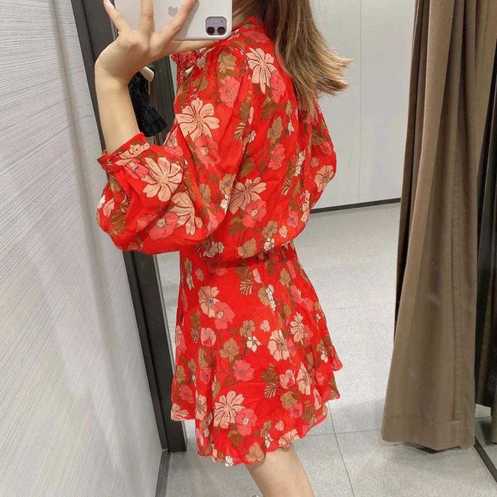 Women Dress Floral Printed Bow-Neck Long Sleeves Lined Mini Dress Femme Robe Ropa Mujer Vestidos 210709