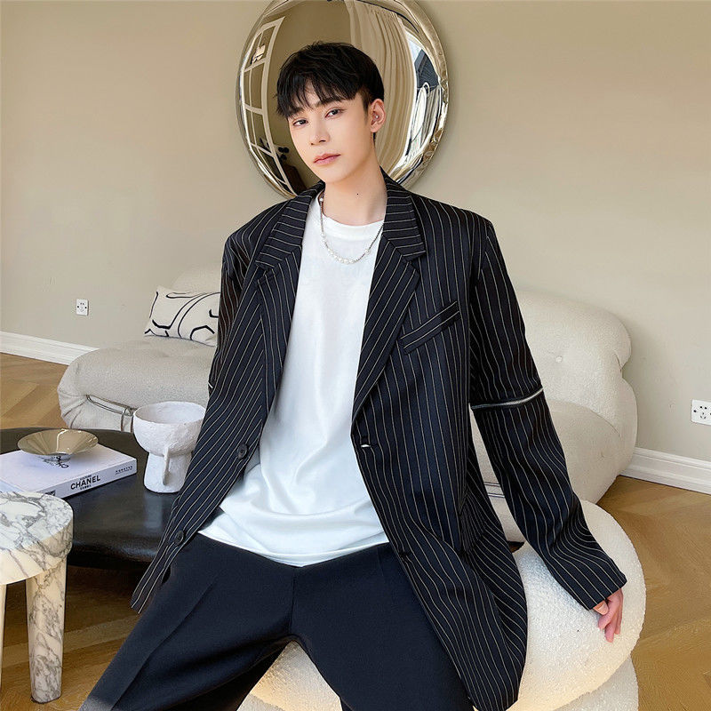 IEFB Zipper Detachable Long Sleeve Striped Men's Suit Coat Fashion Personality Black Loose Causal Blazer Male 9Y7071 210524