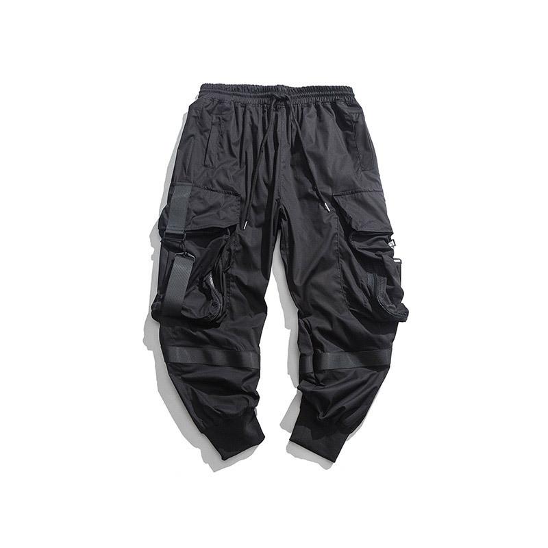 Techwear Black Ribbons Cargo Pants Men Hip Hop Tactics Harajuku Streetwear Loose Ankle-length Trousers Multi-Pocket Male Joggers Men's