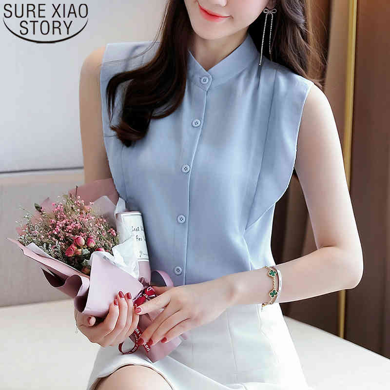 Women Tops Korean Sleeveless Chiffon Shirt Solid Casual Stand Collar Grey Blue Cardigan Womens and Blouses 9789 210506