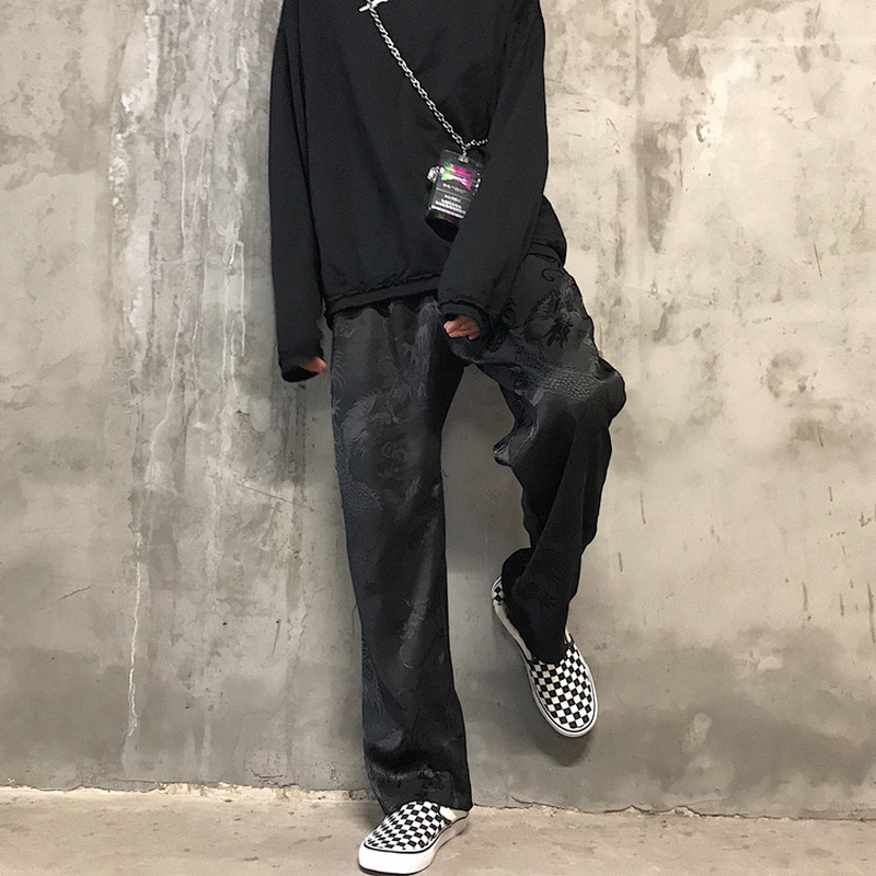 Girls Dragon Print Harajuku Pants Elastic Waist Wide Leg Straight Trousers Women and Man Casual Streetwear 210519