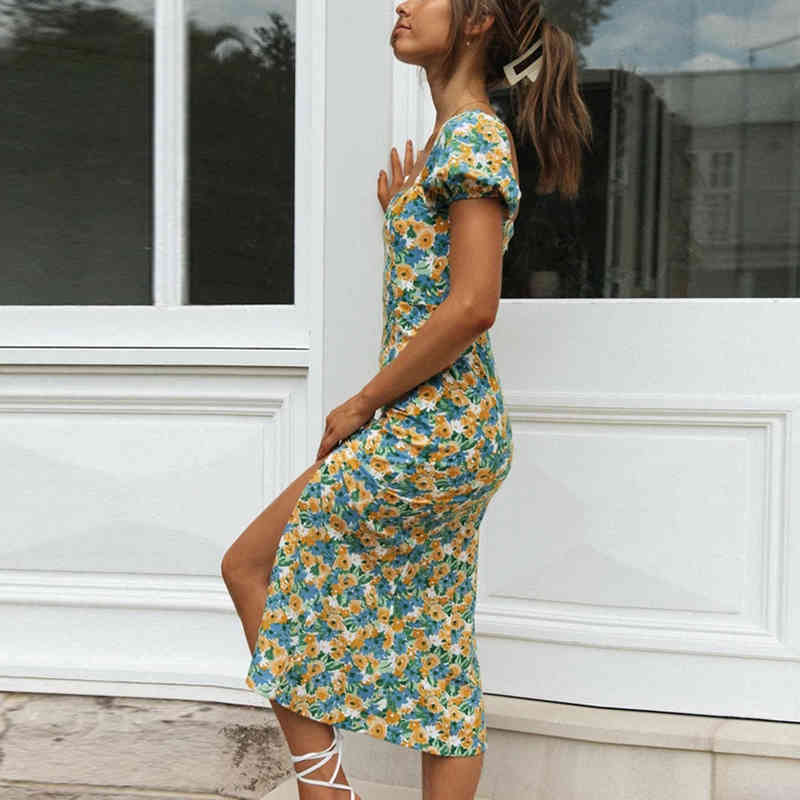 Lady Elegant Vintage Midi Dress Puff Short Sleeve Split Print Womens Dresses Boho Style Summer Party Dress Vestidos Mujer 210415