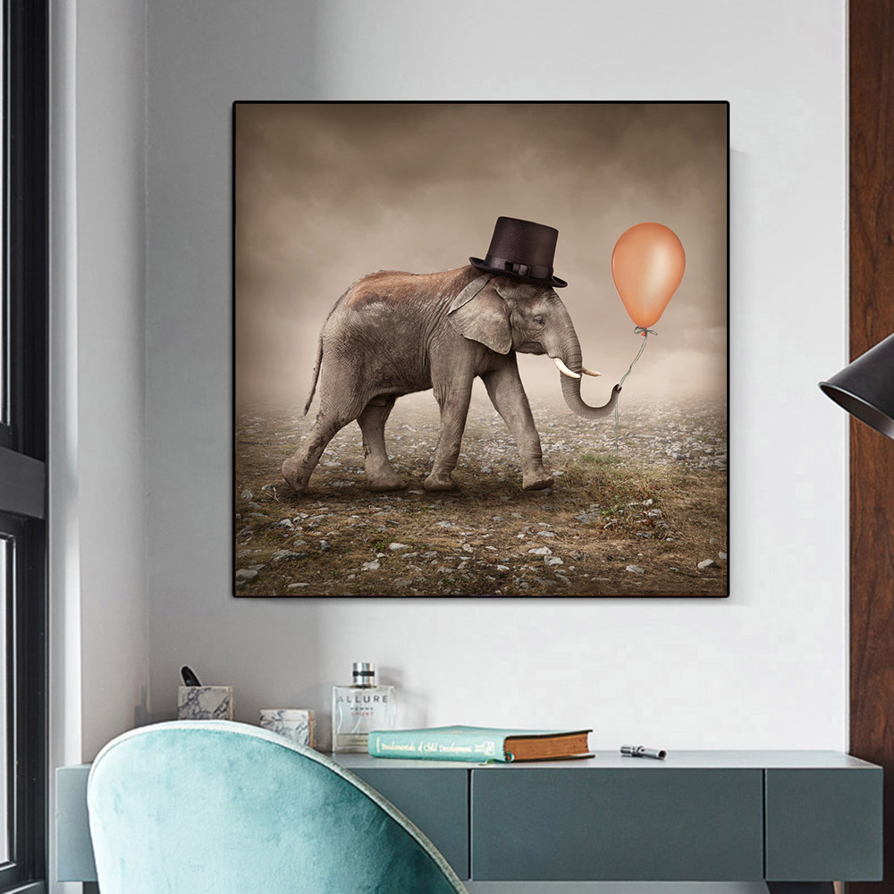 Elephant With Hat Balloon Canvas Painting Wall Pictures For Living Room Animal Art Poster and Print Vintage Pictures Home Decor