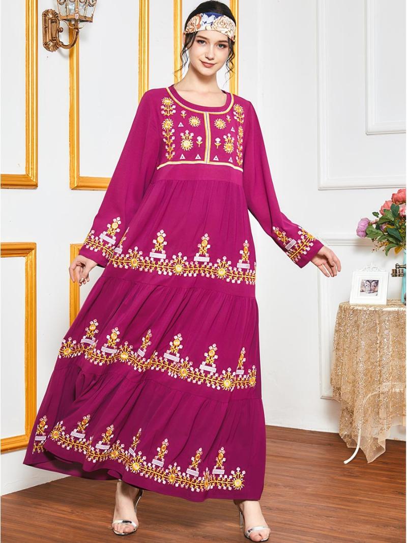 Rose Vintage Arab Dress Women Appliqued Embroidery Loose Muslim Abaya Pleated Hem Big Size Robe Longue Femme Musulmane Casual Dresses