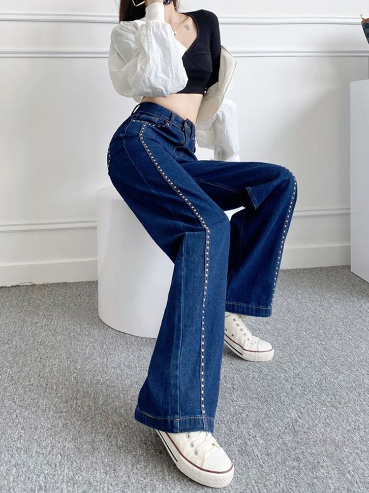 Spring autumn new design womens high waist wide leg loose palazzo denim jeans rivets patchwork long pants trousers SMLXLXXL