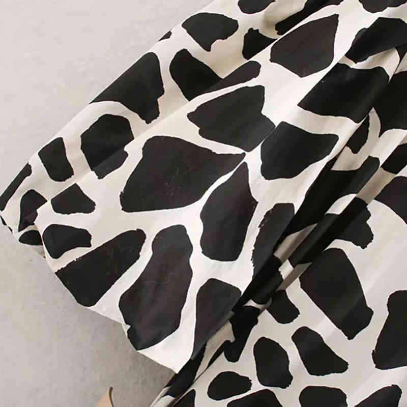Women Fashion Animal Print Midi Dress With Belt Puff Short Sleeve Ruffles Dresses Turn Down Collar Office Shirt Dress 210414