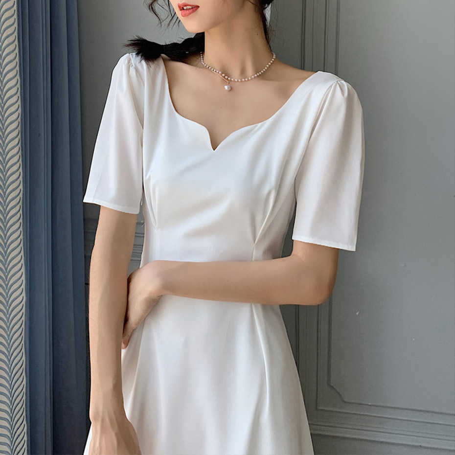 Minimalist White Tea Break Dress French High Waist Drape V-Neck Elegant Black Party Temperament Women Summer 210601