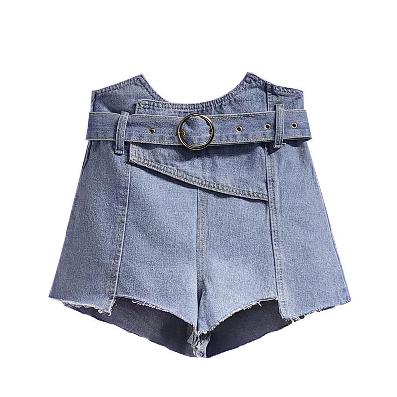 Women Plus-Size Shorts Loose High Waist A-line Jeans Short Vintage Solid Side Zipper Sashes Asymmetrical Female Denim Women's