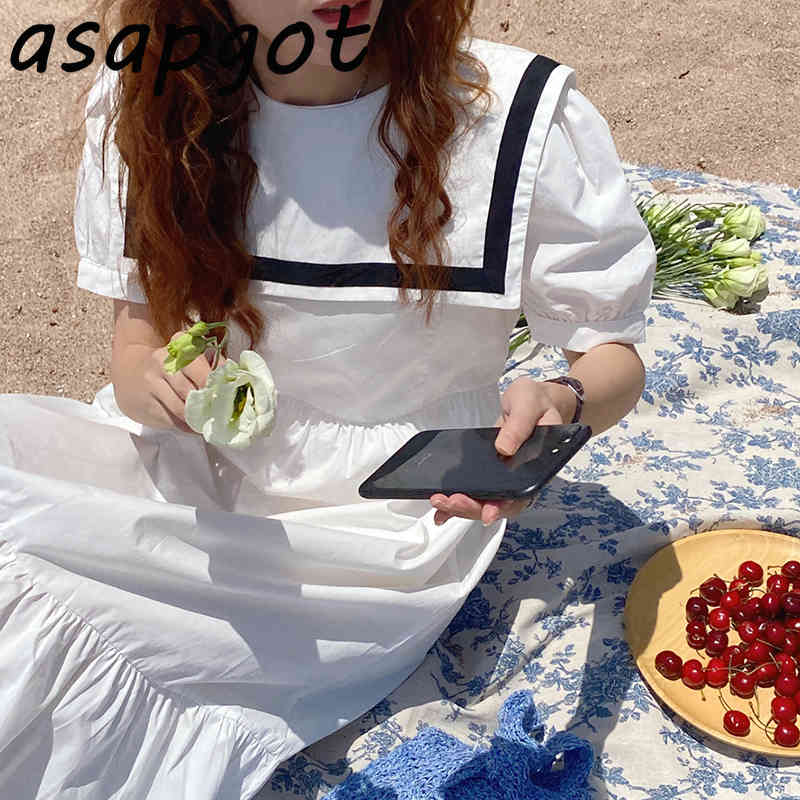 Summer Big Swing White Contrast Color Puff Short Sleeve Ruffles Sailor Collar Dress Women Loose Preppy Style Student Chic Wild 210429