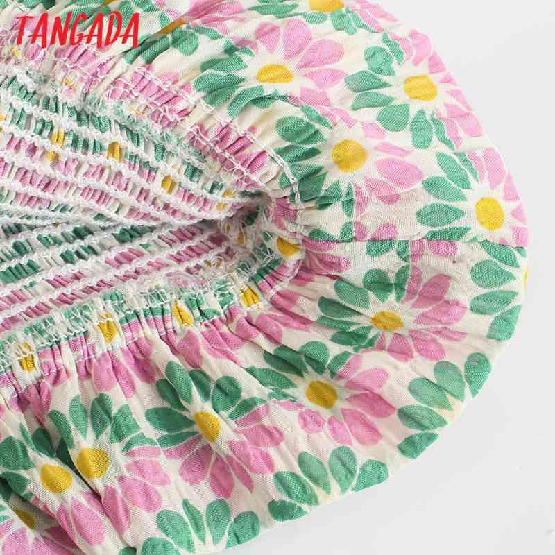 Women Floral Green Pleated Crop Shirts Bow Sleeve Summer Female Short Tops Blouses 5Z100 210416
