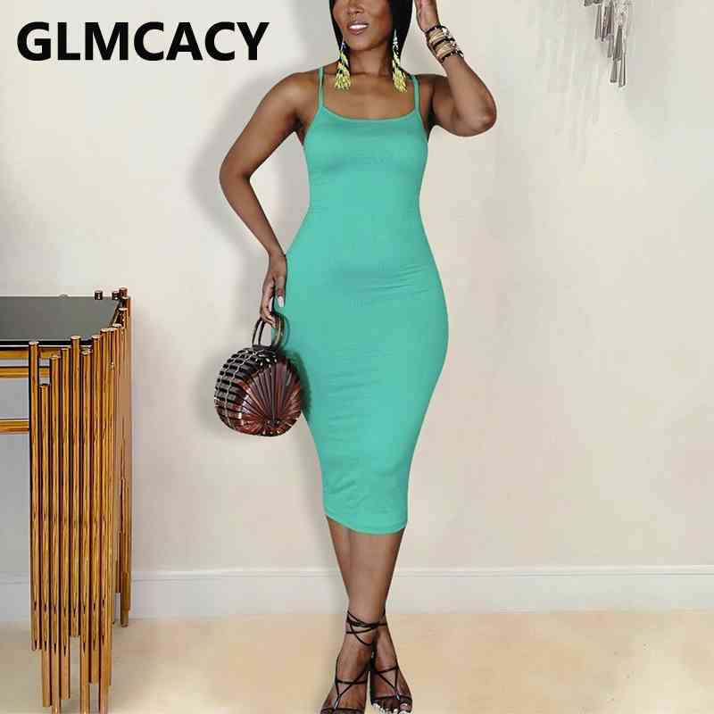 Spaghetti Strap Casual Solid Slim Midi Dress 210702