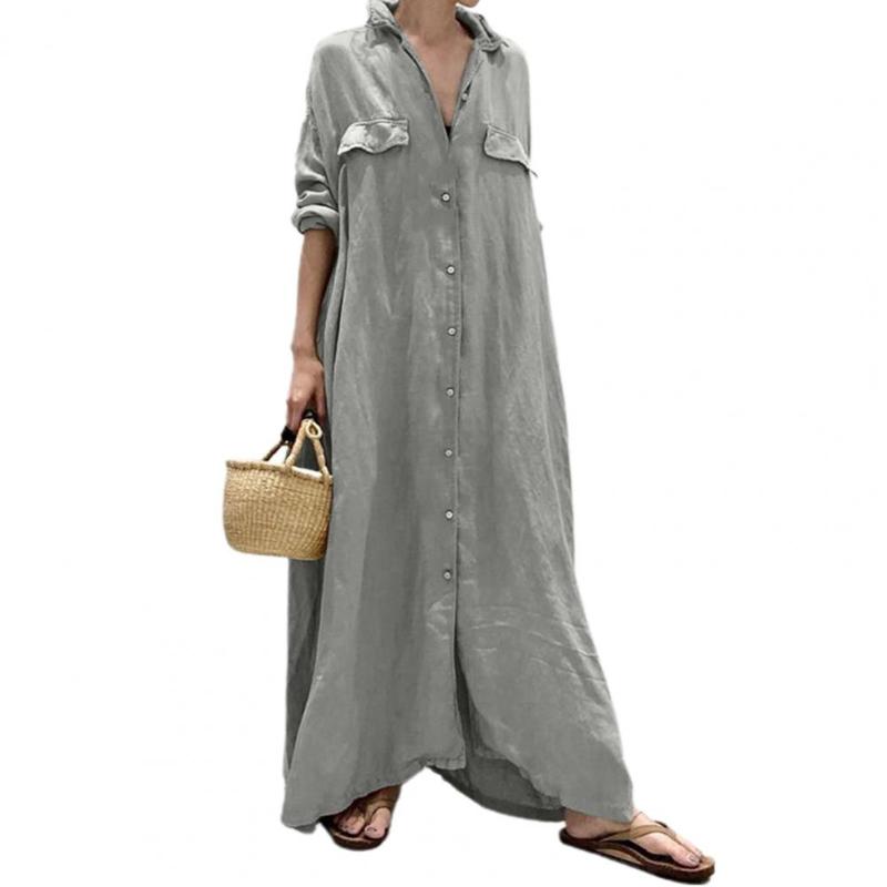 Casual Dresses Plus Size Elegant Women Shirt Dress Maxi Single-breasted Solid Color Extra Long Turn-down Collar Loose Autumn
