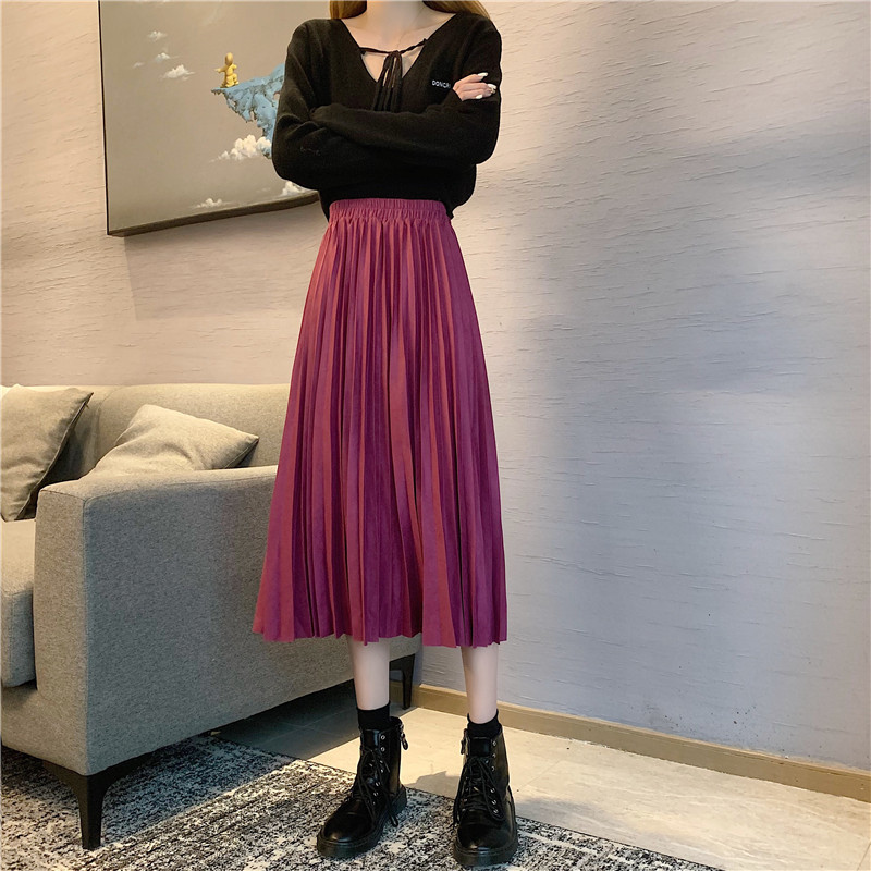 Women Pleated Suede Leather Long Skirts Winter Elastic High Waist Casual A-Line Mid Length Skirt Female Mujer Faldas 210514