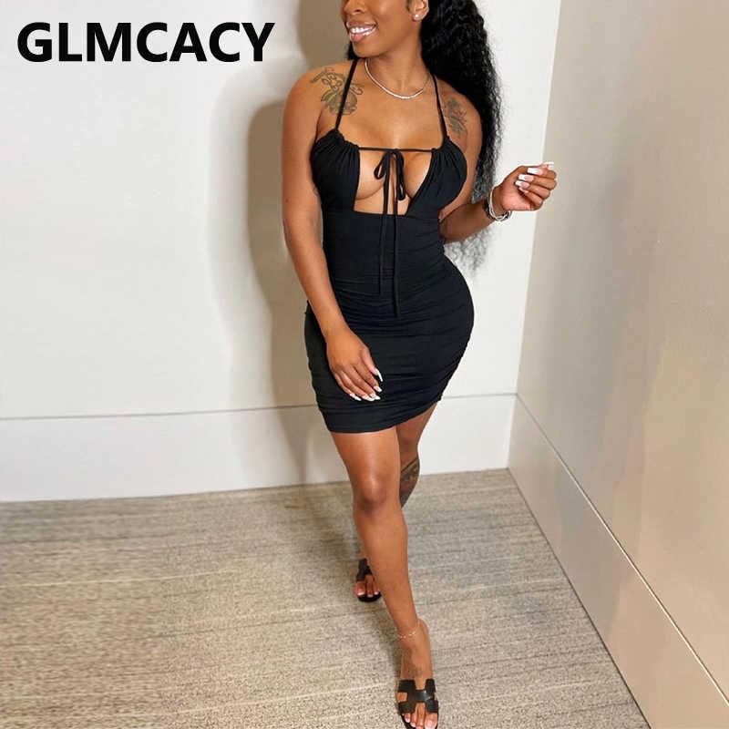 Spaghetti Strap Backless Solid Mini Dress Sexy Bodycon Party Club Dress 210702