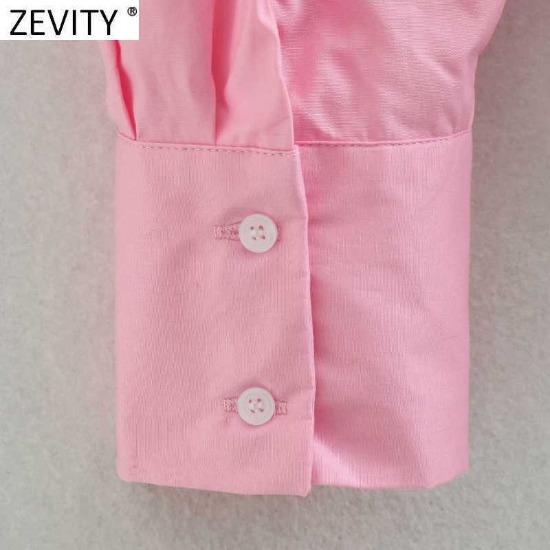 Zevity Women Simply Single Breasted Poplin Pink Shirt Office Lady Long Sleeve Business Blouse Roupas Chic Blusas Tops LS9288 210603